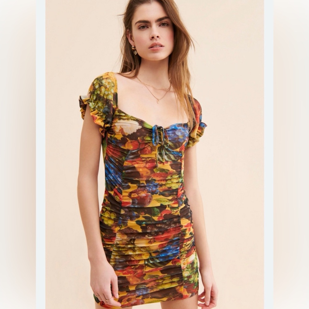 Urban‎ Outfitters Artsy Fruit Print Ruched Mesh Mini Dress Small Funky Boho